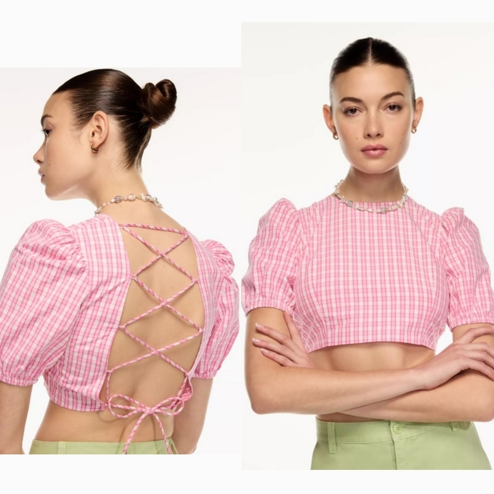 Aritzia Sunday Best Isley Open Back Lace Puff Sleeve  Plaid Pink Top XS